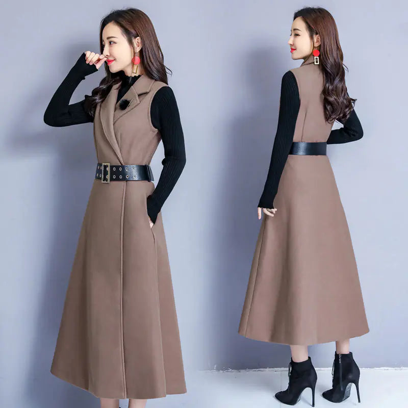 Korean Long Thick Slim Fit Suspender Dress with Coat