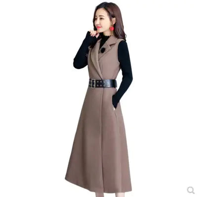 Korean Long Thick Slim Fit Suspender Dress with Coat