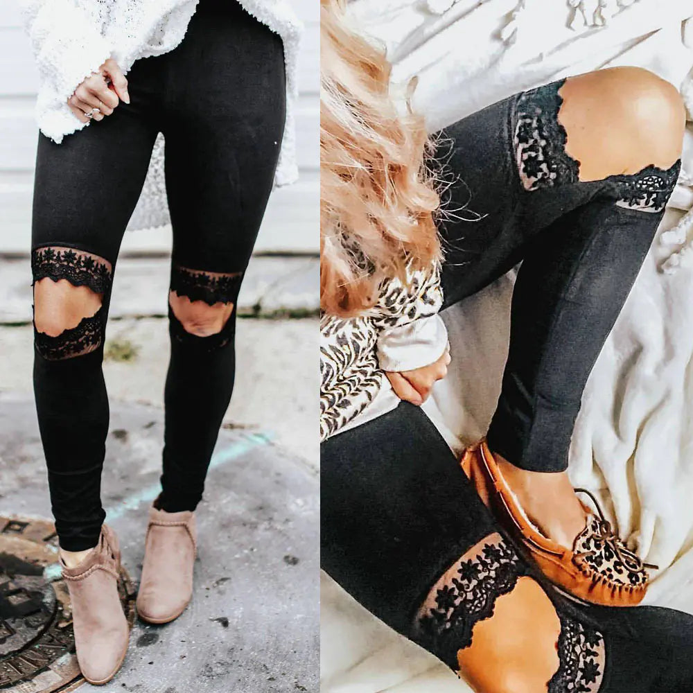 Lace Design Casual Pants with Feminine Slim Fit