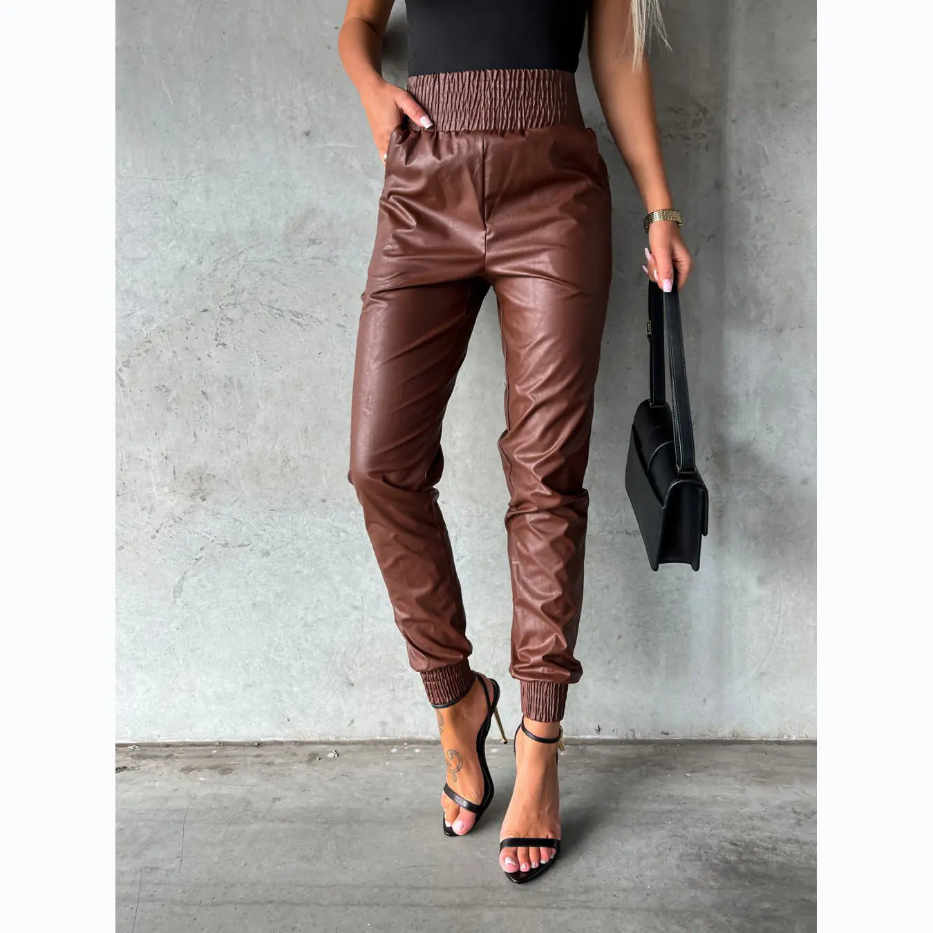 Trendy Women's Casual Leather Pants with Waist Design