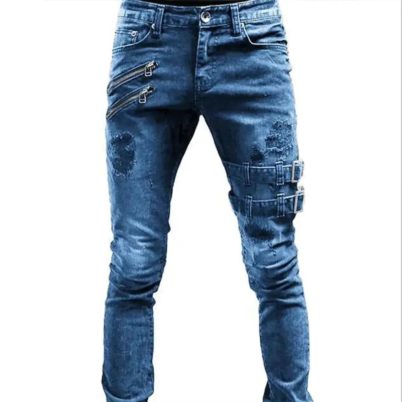 Men's Biker Fashion Denim Pants with Zipper Details