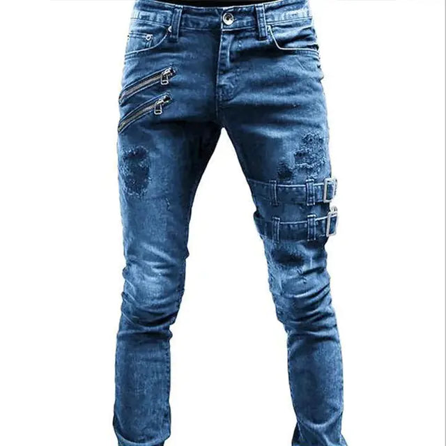 Men's Biker Fashion Denim Pants with Zipper Details