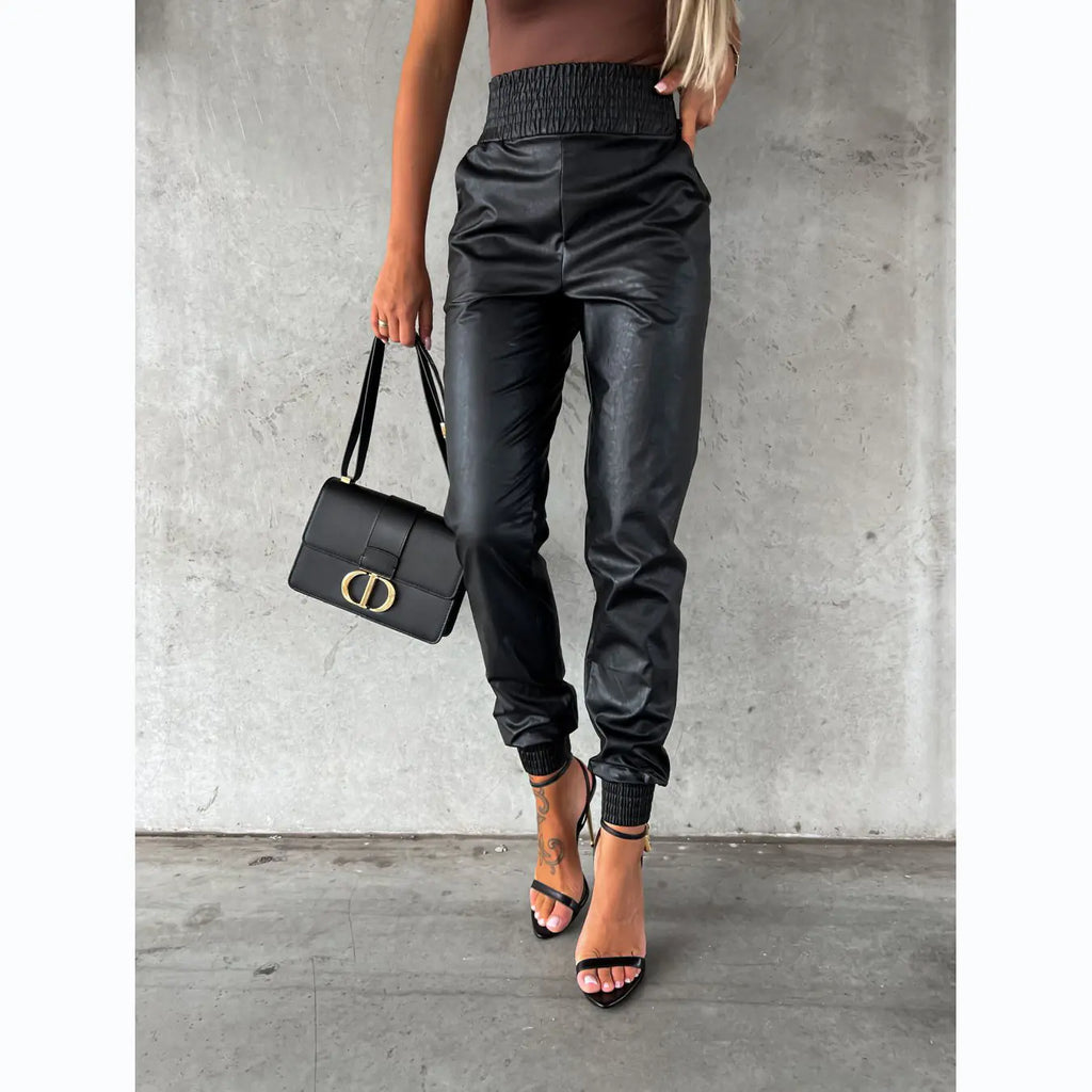 Trendy Women's Casual Leather Pants with Waist Design