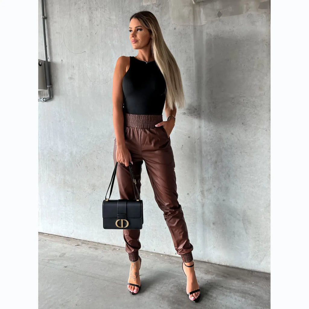 Trendy Women's Casual Leather Pants with Waist Design