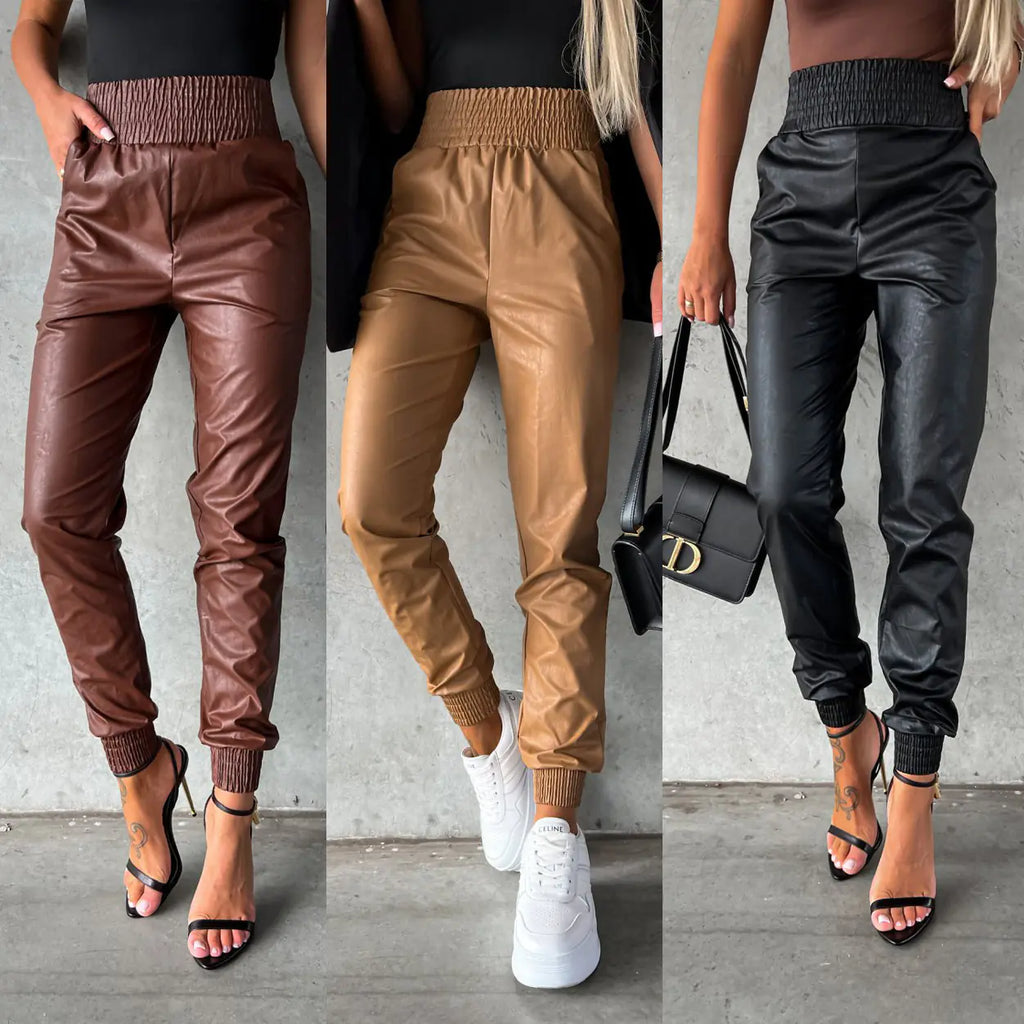 Trendy Women's Casual Leather Pants with Waist Design