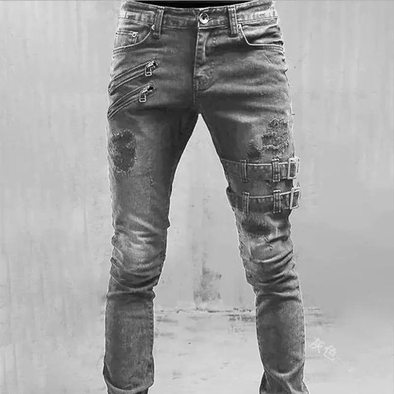 Men's Biker Fashion Denim Pants with Zipper Details
