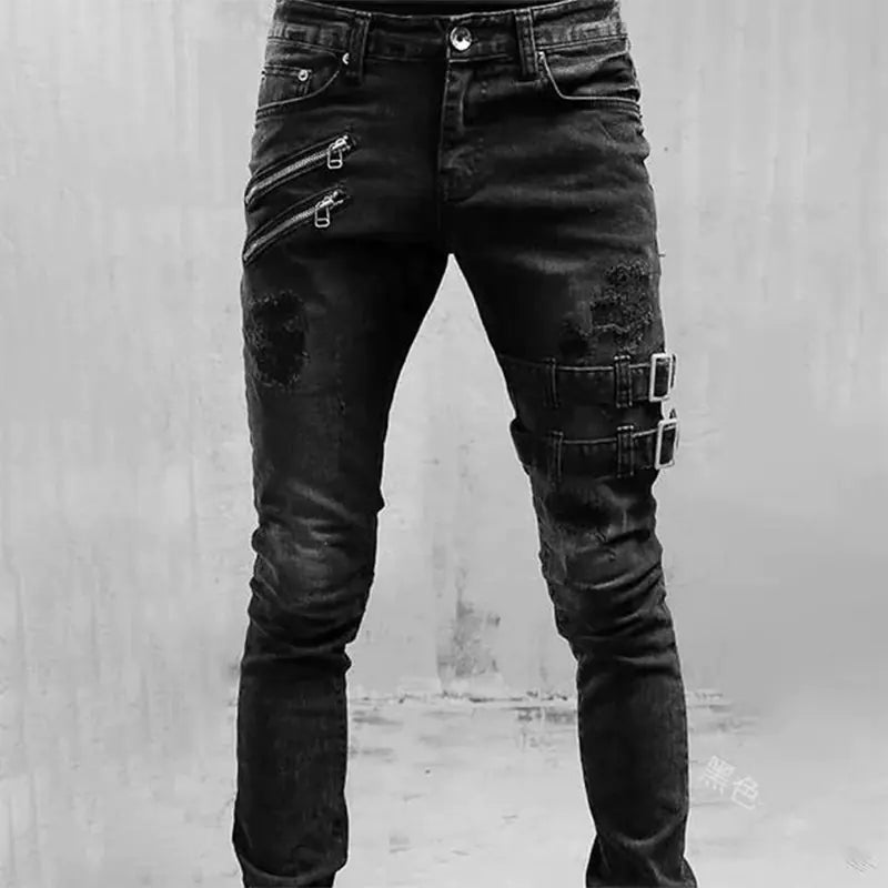 Men's Biker Fashion Denim Pants with Zipper Details