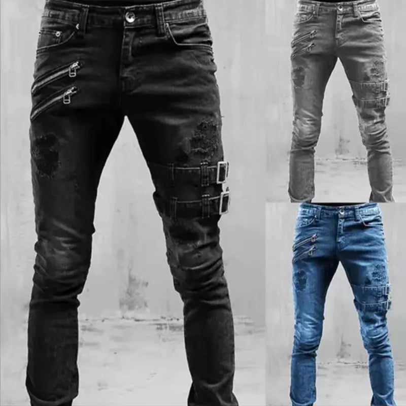 Men's Biker Fashion Denim Pants with Zipper Details
