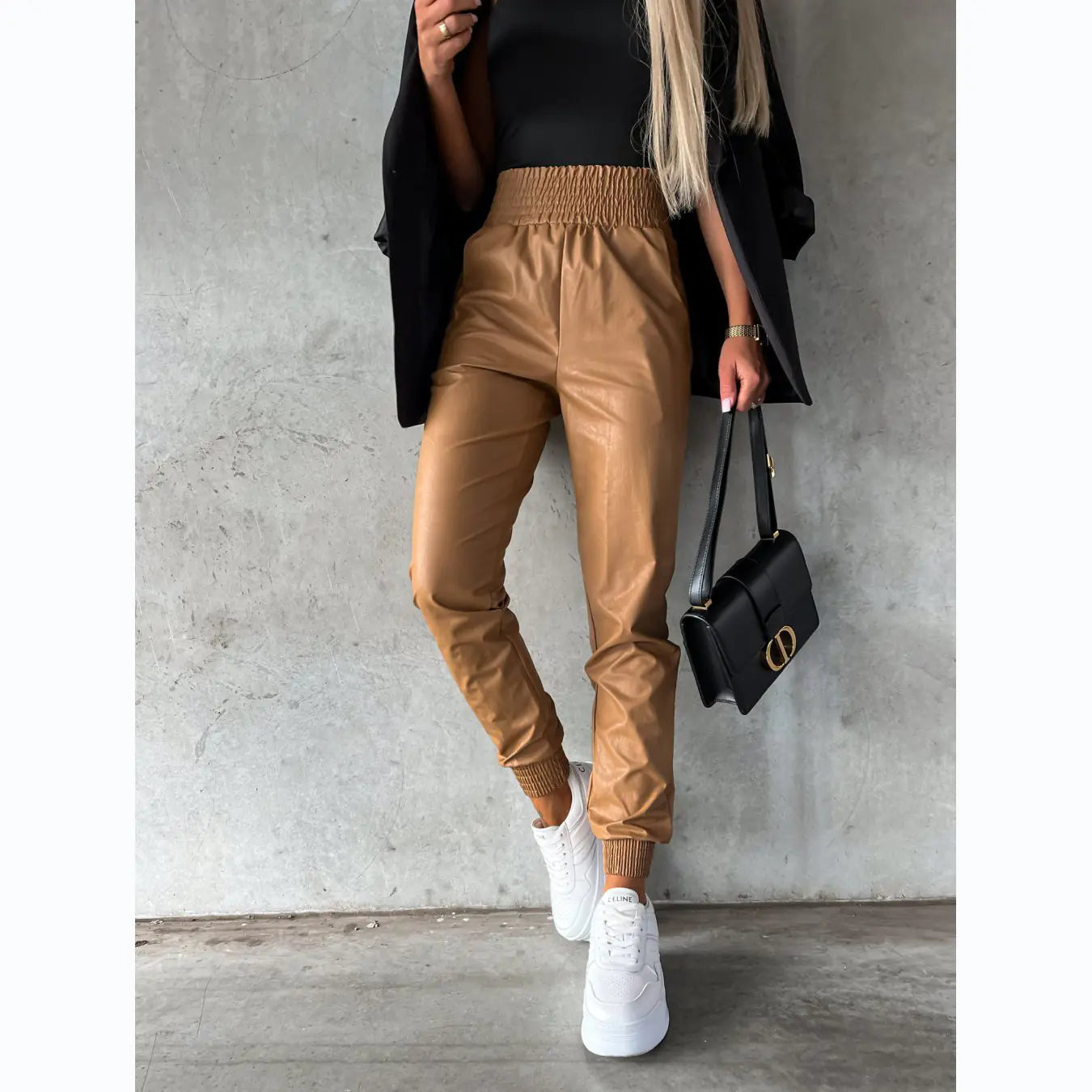 Trendy Women's Casual Leather Pants with Waist Design
