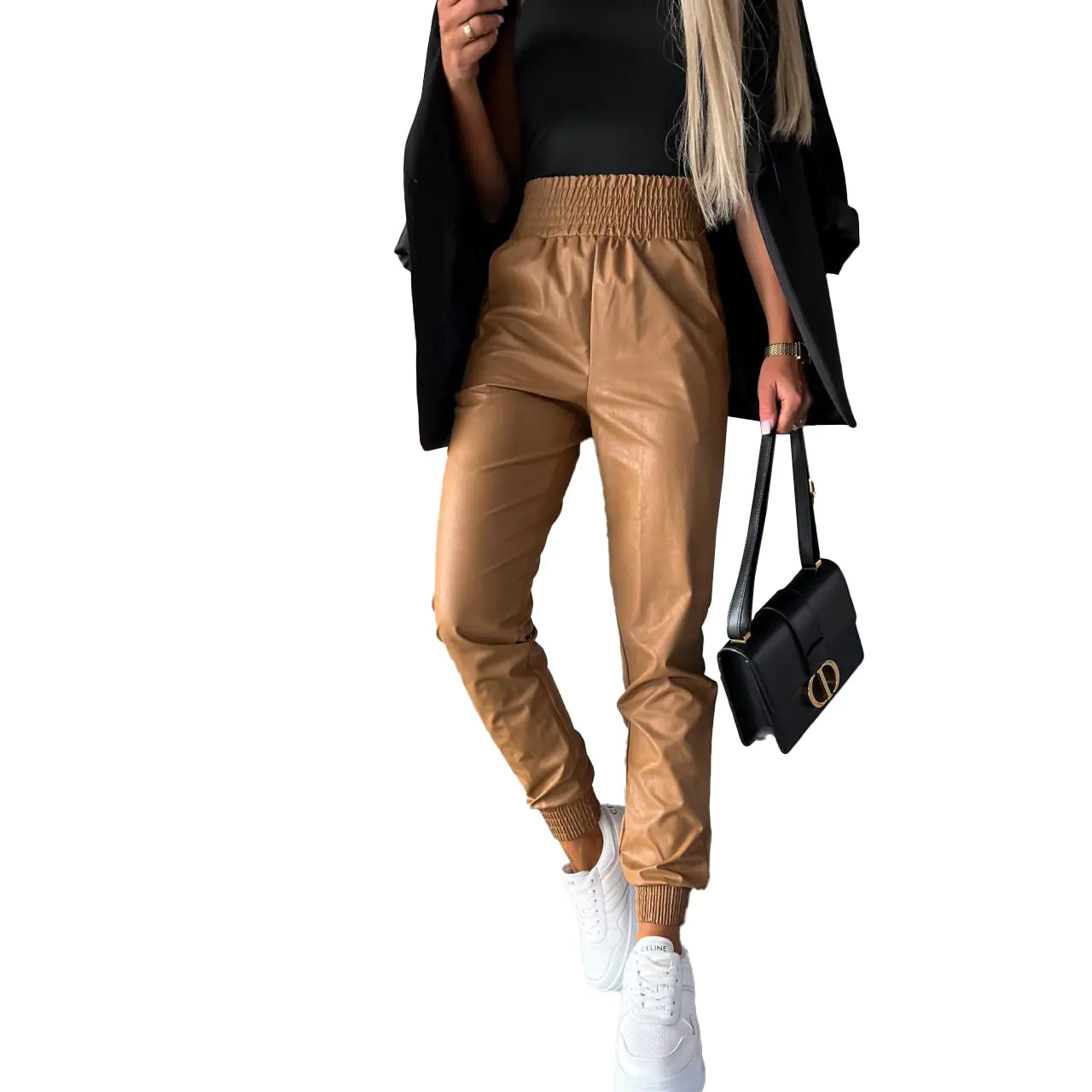 Trendy Women's Casual Leather Pants with Waist Design